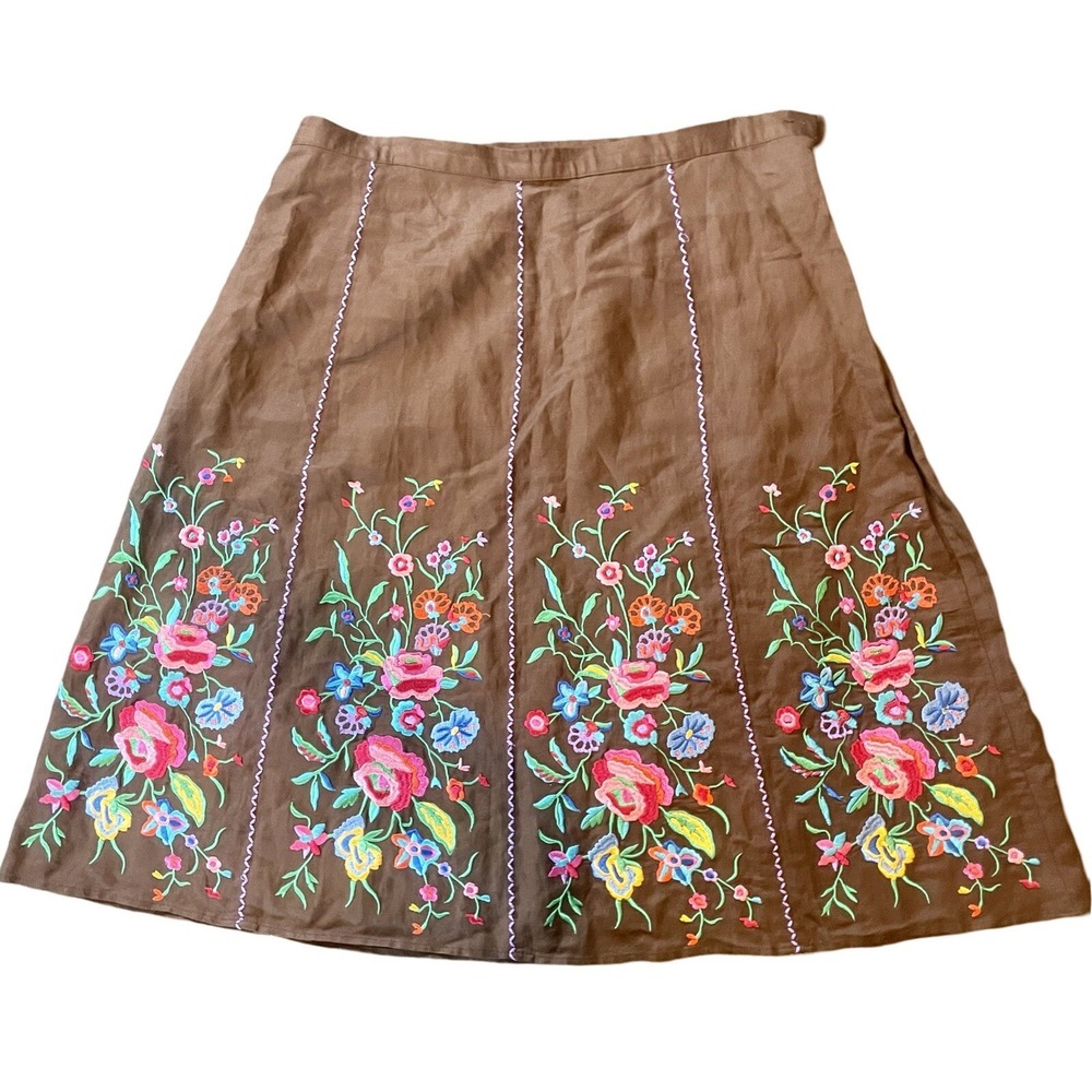 Linea Louis Dell'Olio brown Colorful floral embroidered skirt woman's Sz 16